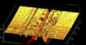 Electron Microscope image of a scratch in a car's clear coat.Red arrows show main groove damage.